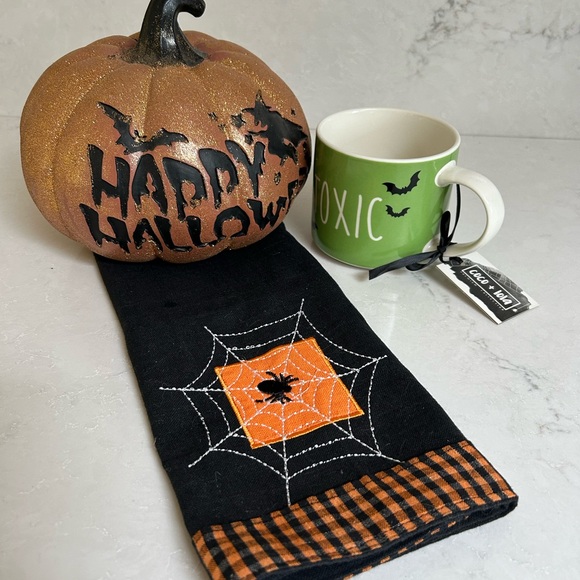Glittery Pumpkin Pier 1 Halloween Kitchen Decor Toxic Mug and Tea Towel - Picture 11 of 11